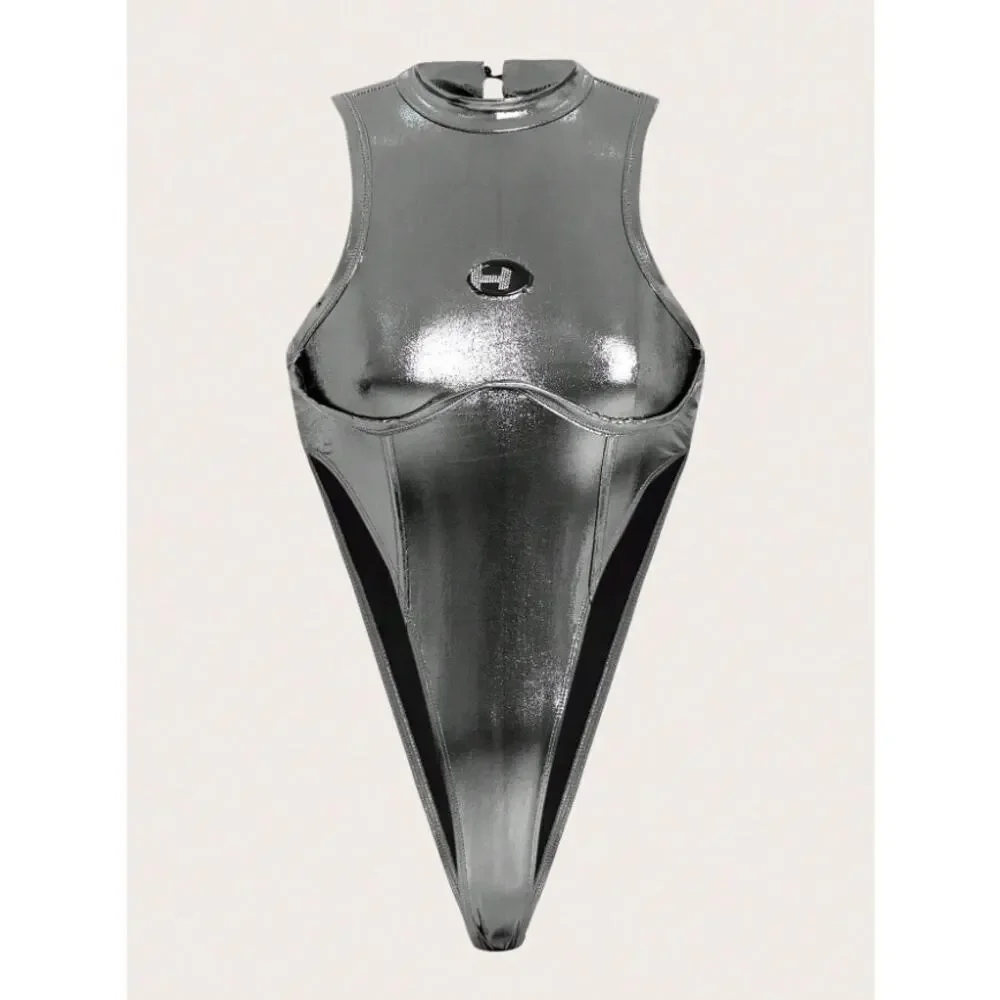 Metallic Silver High Cut Bodysuit Women Sleeveless Mock Neck Cutout Clubwear M - Picture 1 of 10